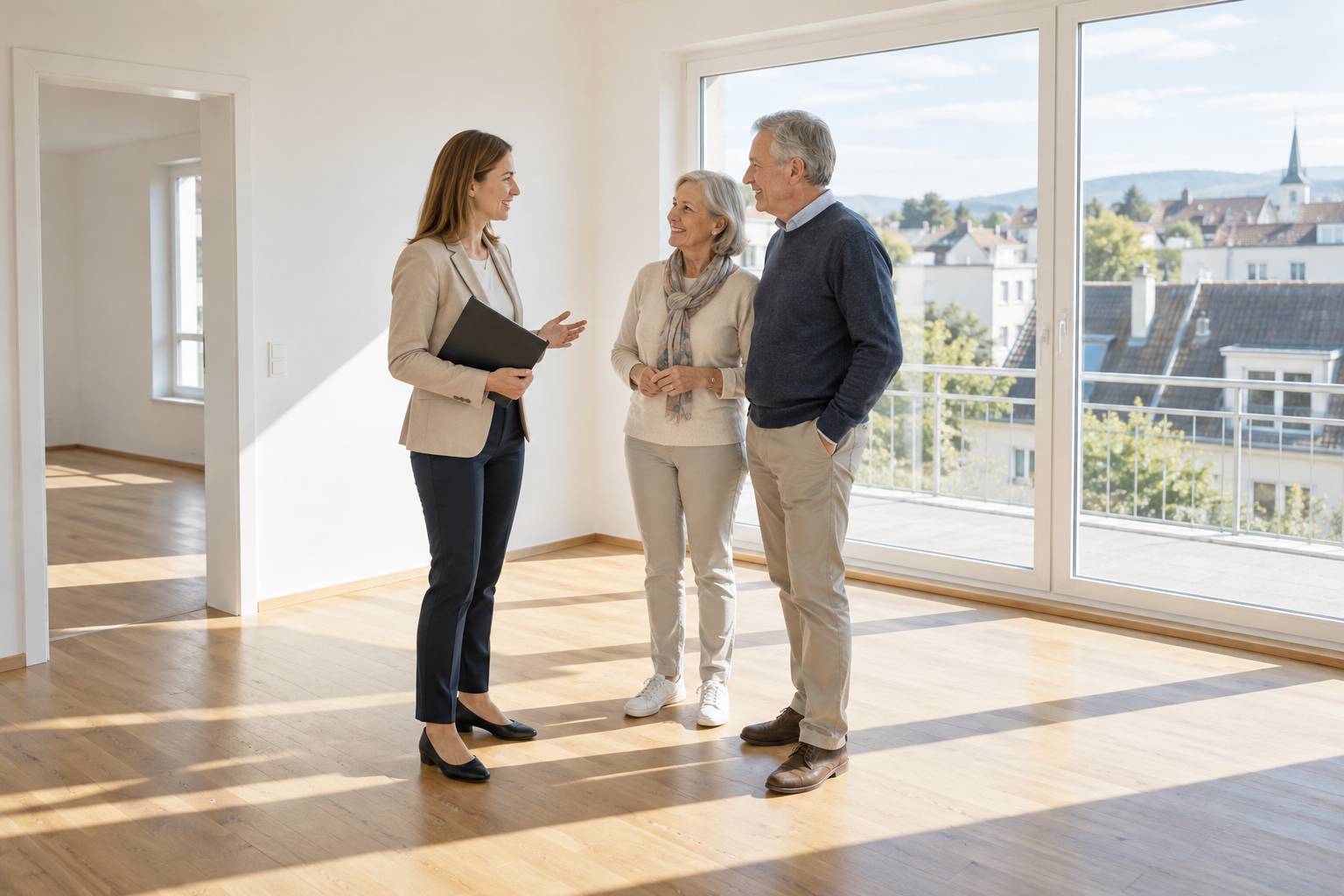 Paar und Immobilienfachfrau besprechen Unterlagen in einer leeren Wohnung
